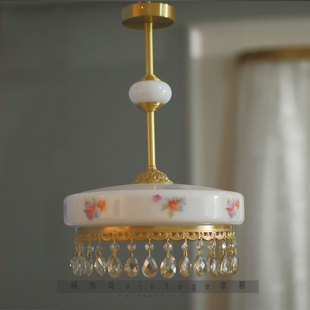 法式 中古印花黄铜吧台卧室床头灯客厅玄关黄铜流苏奶油风玻璃吊灯