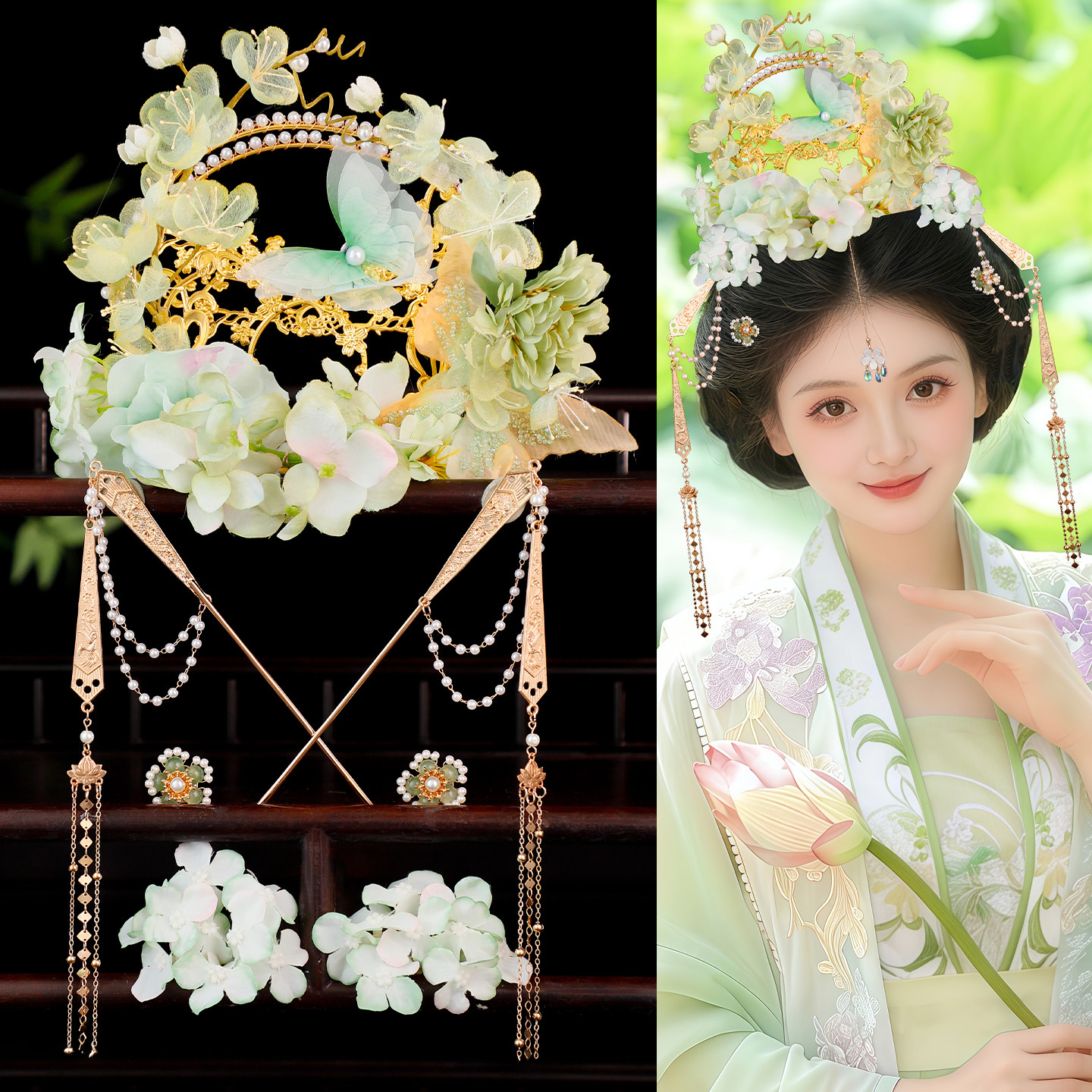 小唐风浅绿薄纱花朵珍珠流苏发钗图片