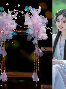 绢纱烫花汉服头饰蝴蝶发夹