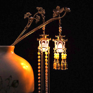 古代发光宫灯流苏发簪西湖凉亭灯笼发饰女古风丸子头盘发手工钗子