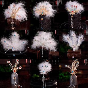 古风仿珍珠花朵长流苏额饰凤冠唐风小U钗头冠COS嫦娥仙子羽毛发饰