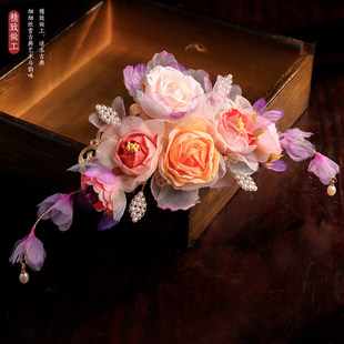 古风绢纱烫花发饰COS花仙子明制襦裙造型U钗冠复古仿真花重工配饰