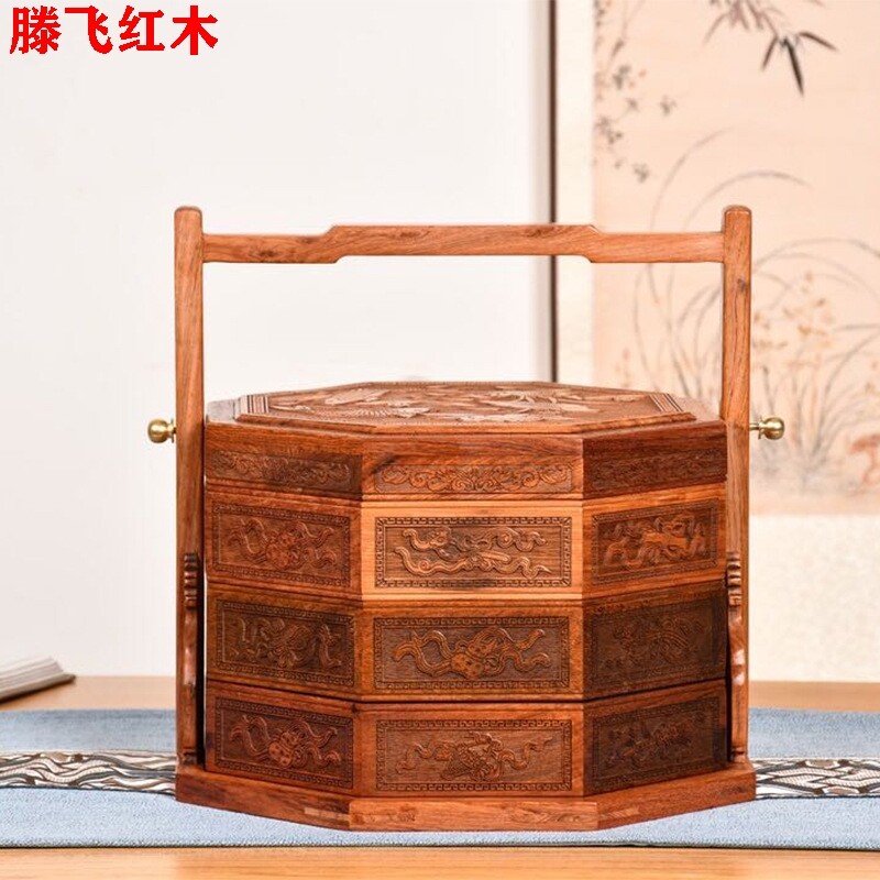 缅甸花梨提篮三层红木雕花点心食盒年年有余摆件果盘结婚中式提盒