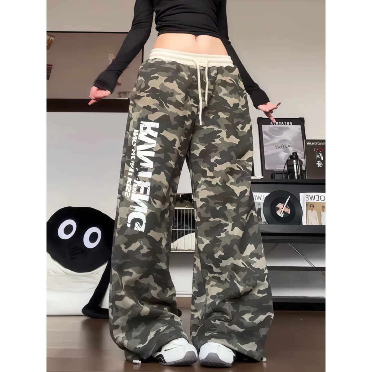 美式复古迷彩宽松卫裤女秋冬