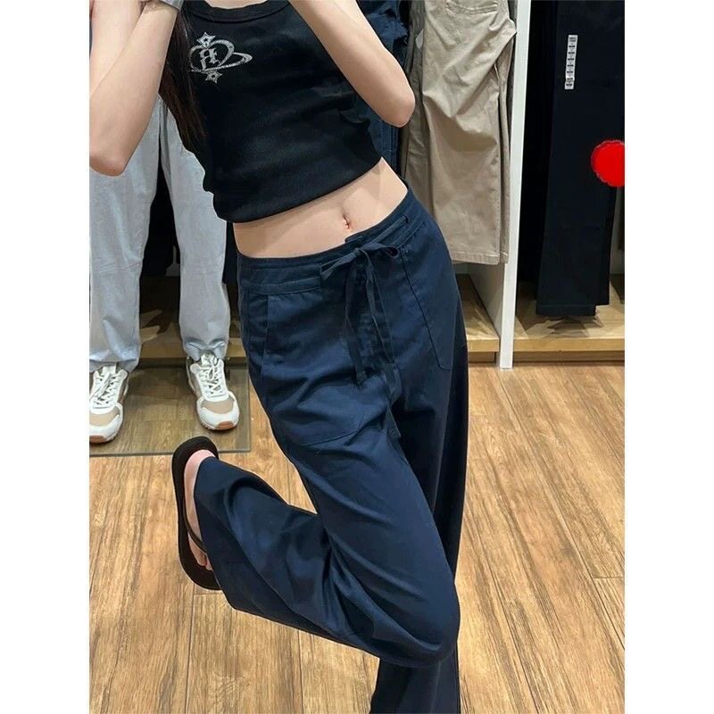 藏青低腰冰丝阔腿裤女夏季薄款图片