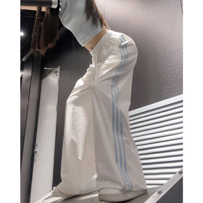 白色条纹美式工装裤女夏薄款小个子宽松显瘦运动裤高腰速干阔腿裤