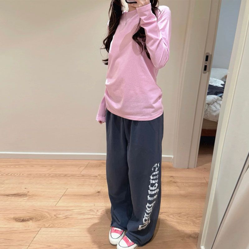 美式复古做旧字母阔腿卫裤女