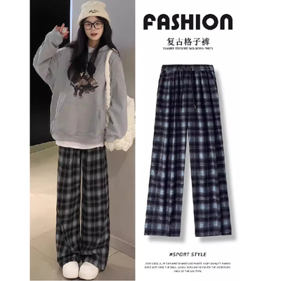 美式复古格子直筒阔腿裤女
