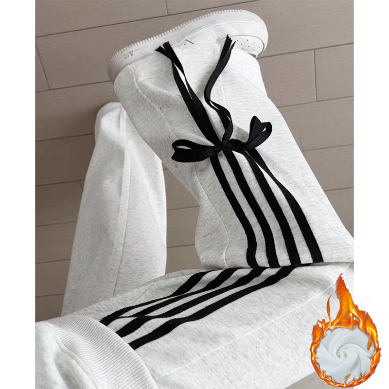 美式白灰色三条杠运动裤女秋冬加绒卫裤蝴蝶结绑带宽松阔腿休闲裤