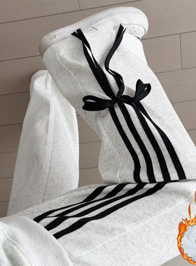 美式白灰色三条杠运动裤女秋冬加绒卫裤蝴蝶结绑带宽松阔腿休闲裤