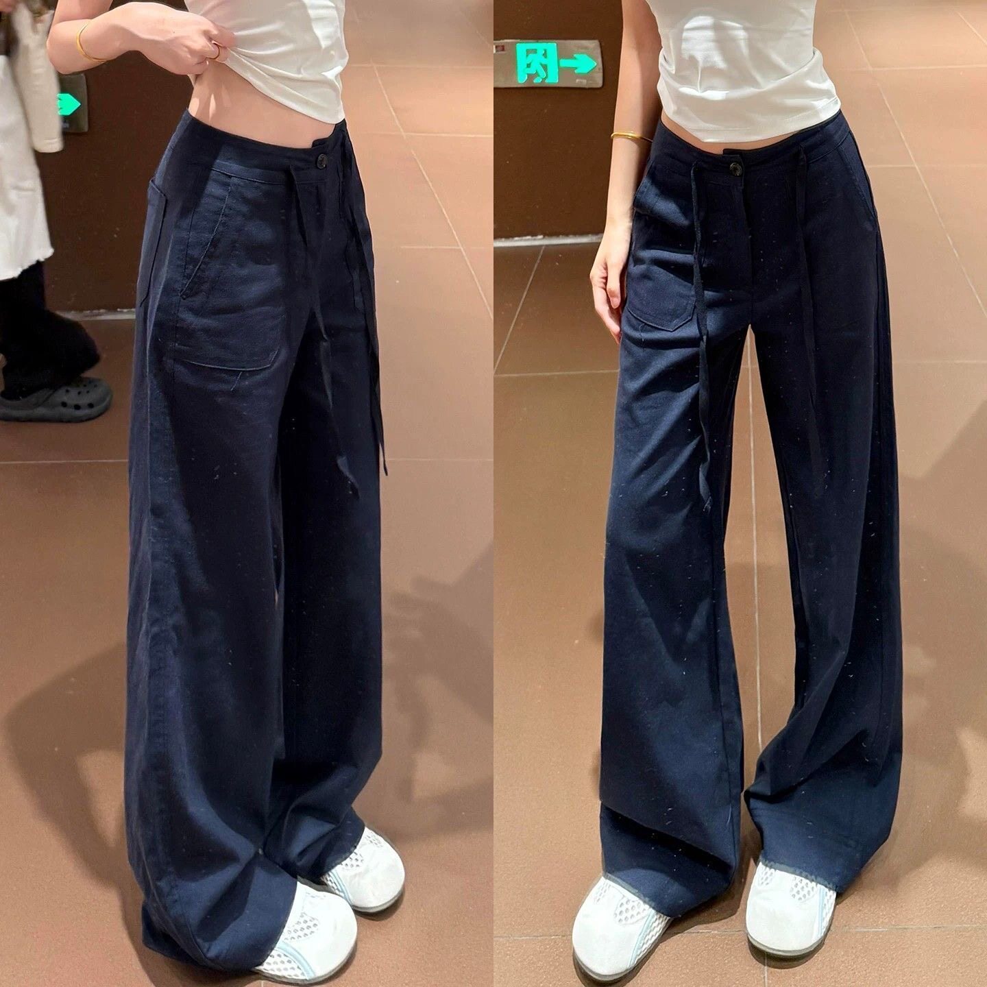藏青低腰抽绳显瘦垂坠阔腿裤