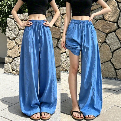 蓝色冰丝速干阔腿裤女夏季