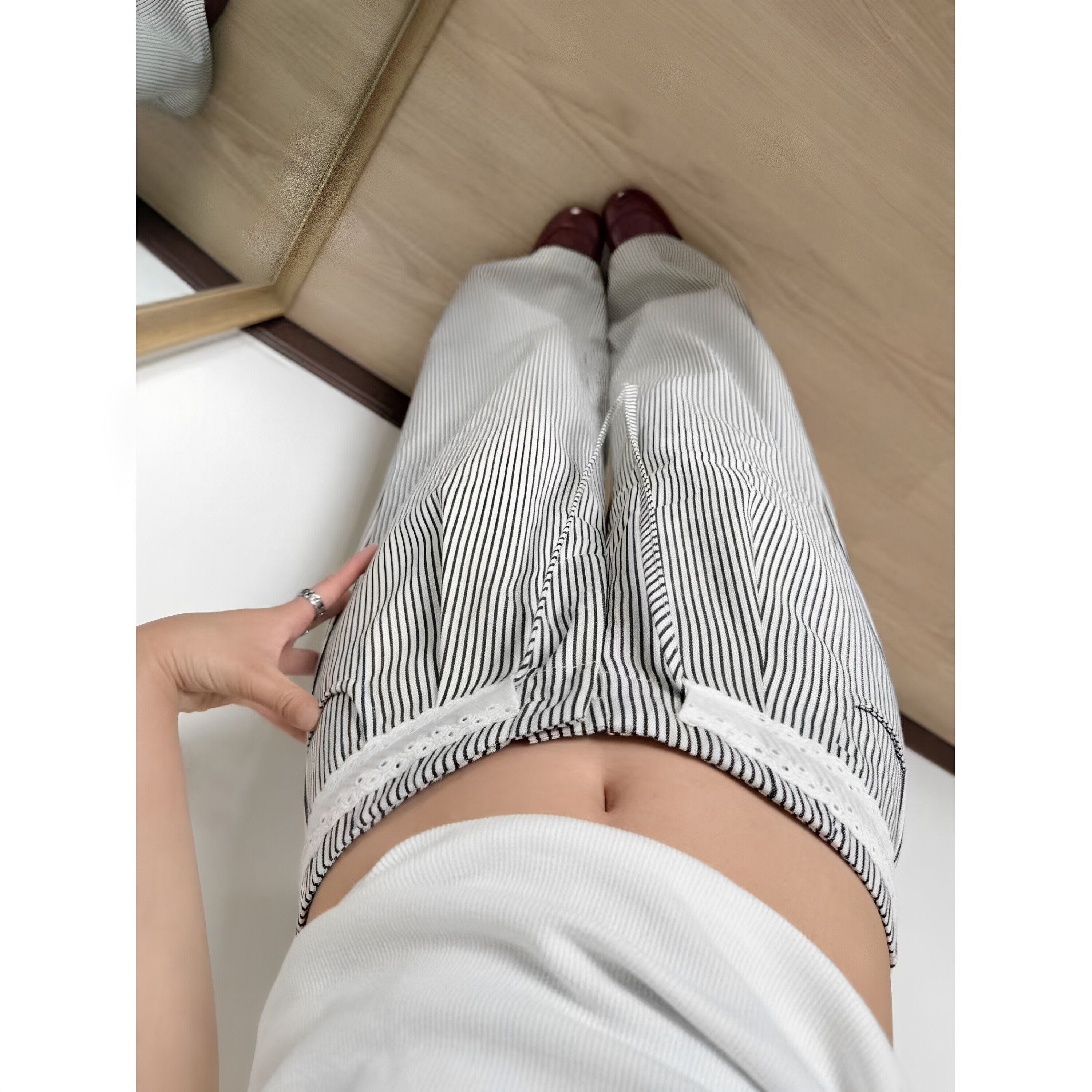 拼接花边条纹阔腿裤女夏季薄款高腰宽松慵懒显瘦小个子休闲直筒裤