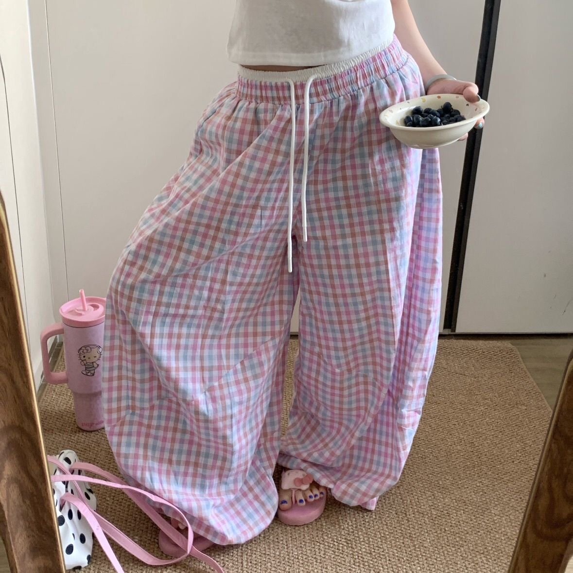 夏季薄款粉蓝格子高腰阔腿裤女