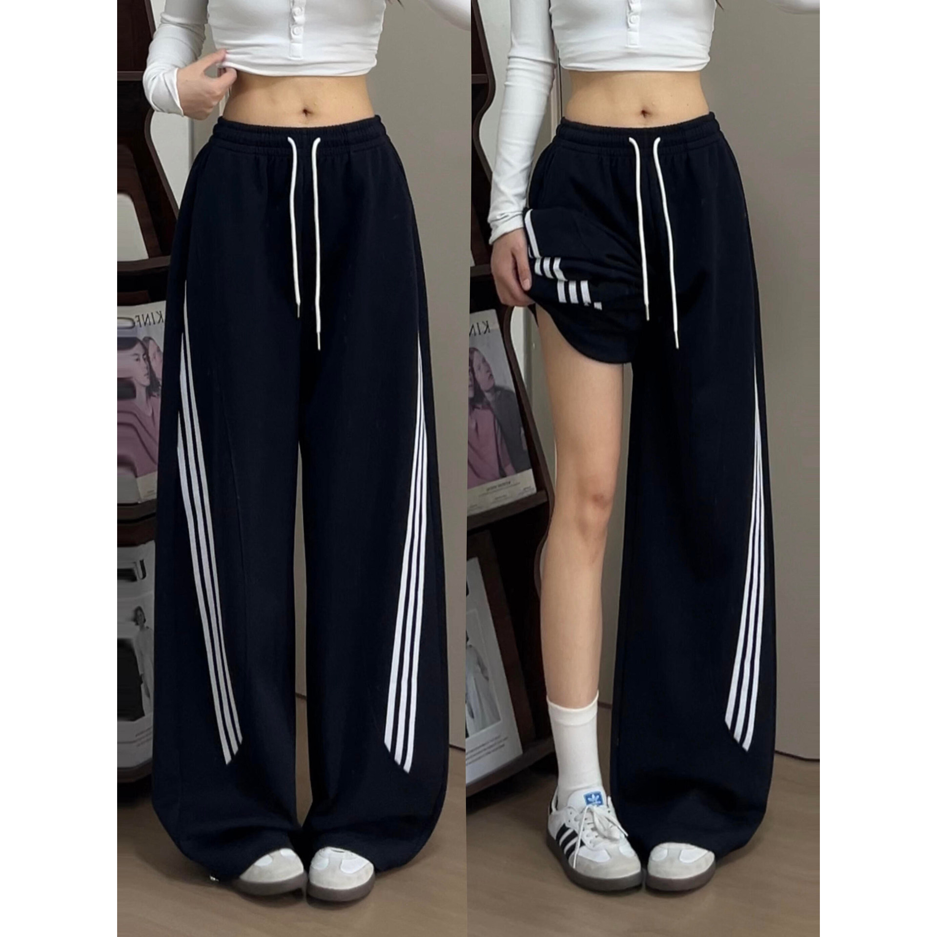 黑色条纹高腰显瘦阔腿卫裤女