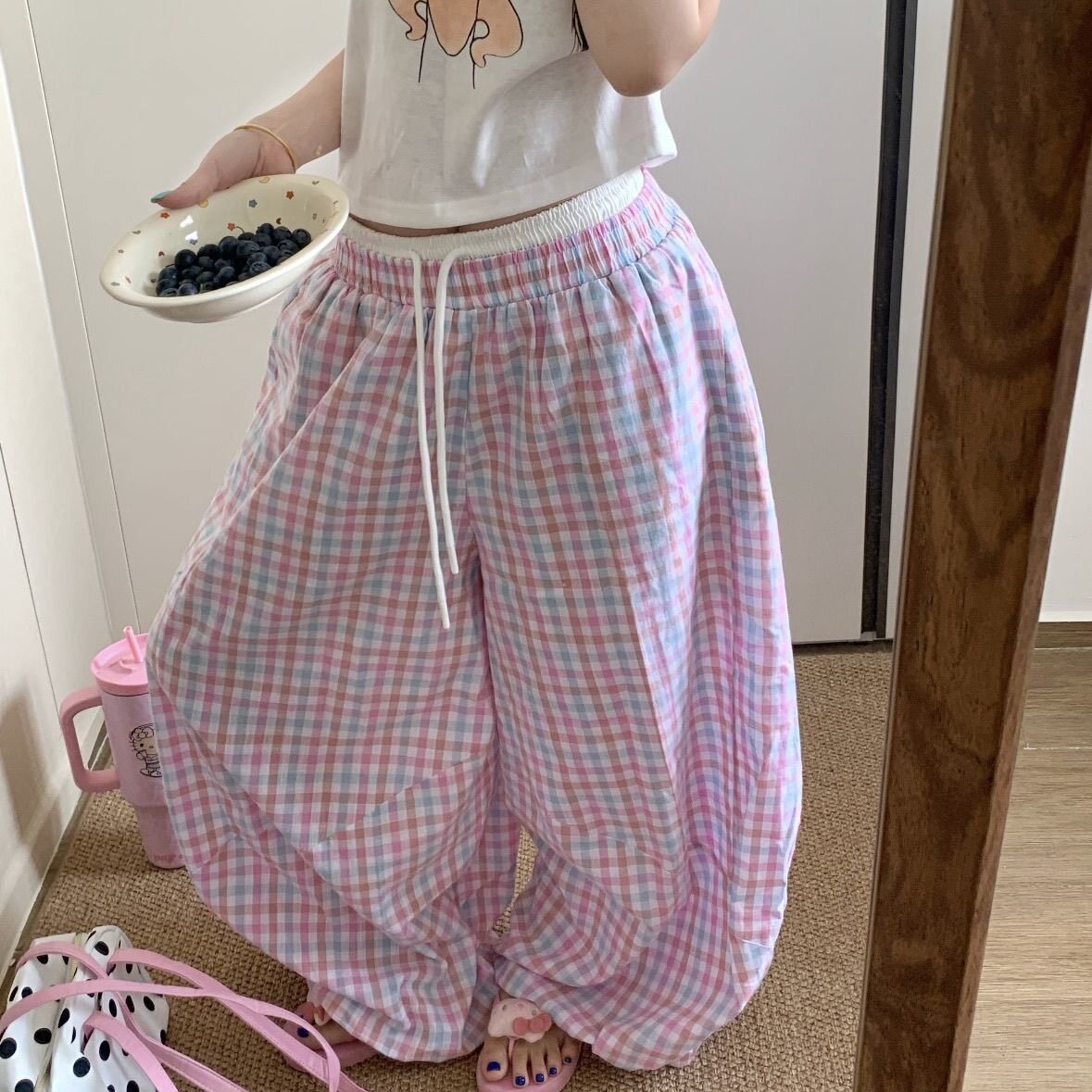 夏季格子阔腿裤女透气显瘦垂感