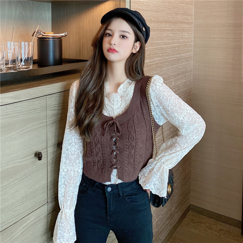 韩国秋装新款无袖针织马甲背心女搭配蕾丝上衣打底衫两件套套装潮