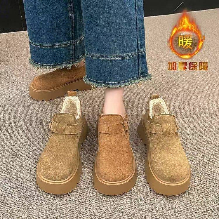 松糕厚底增高加绒勃肯鞋女款2025秋冬新款复古一脚蹬乐福博肯棉鞋