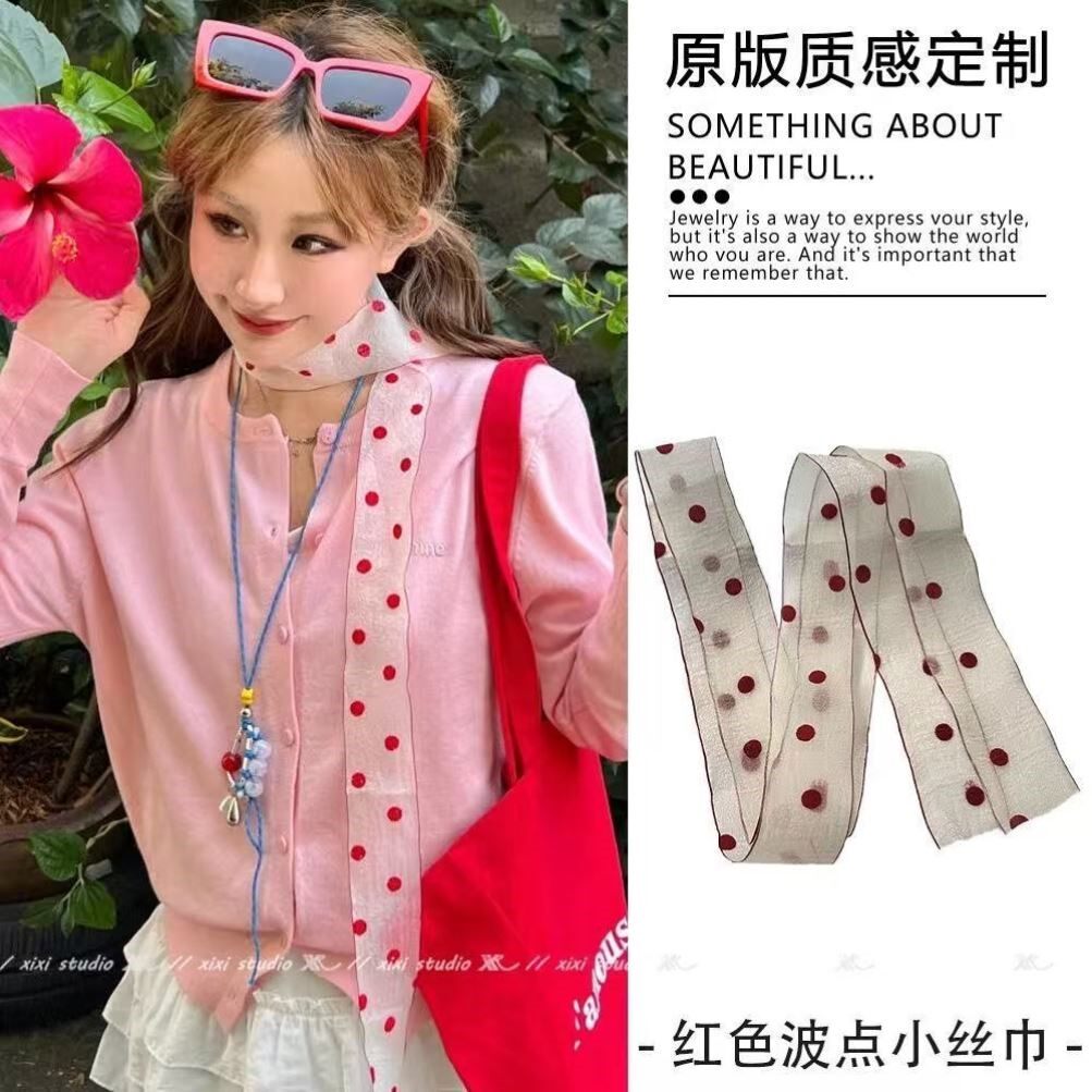 韩系红色波点泡泡纱丝巾女春夏季薄款蕾丝丝带飘带系脖子配饰颈饰