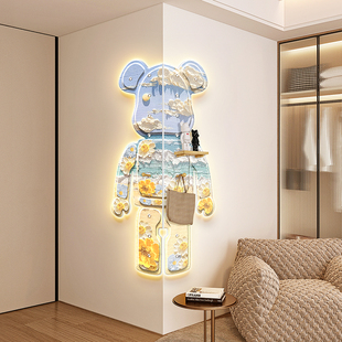 奶油风暴力熊转角装饰画画客厅背景墙挂画画玄关拐角带灯光壁饰画