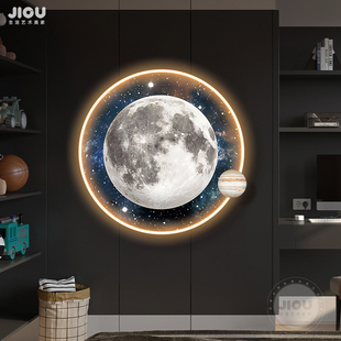 玄关月球装饰画客厅背景墙带灯挂画卧室圆形星空壁画LED发光壁饰