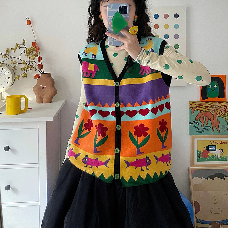 爱心秋季新款复古风开衫针织马甲
