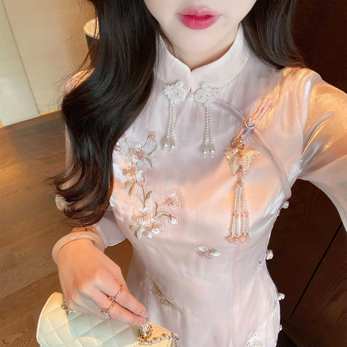 【189元福利款】改良订婚旗袍女新中式收腰长裙粉色气质连衣裙