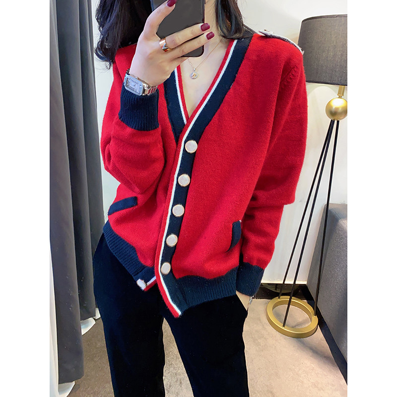 本命年车厘子红性感V领针织开衫2020秋季新款女装欧洲站欧货潮