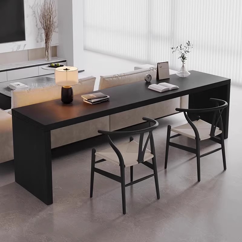 现代简约黑色实木吧台桌家用客厅靠墙横厅设计轻奢长条桌书桌餐桌