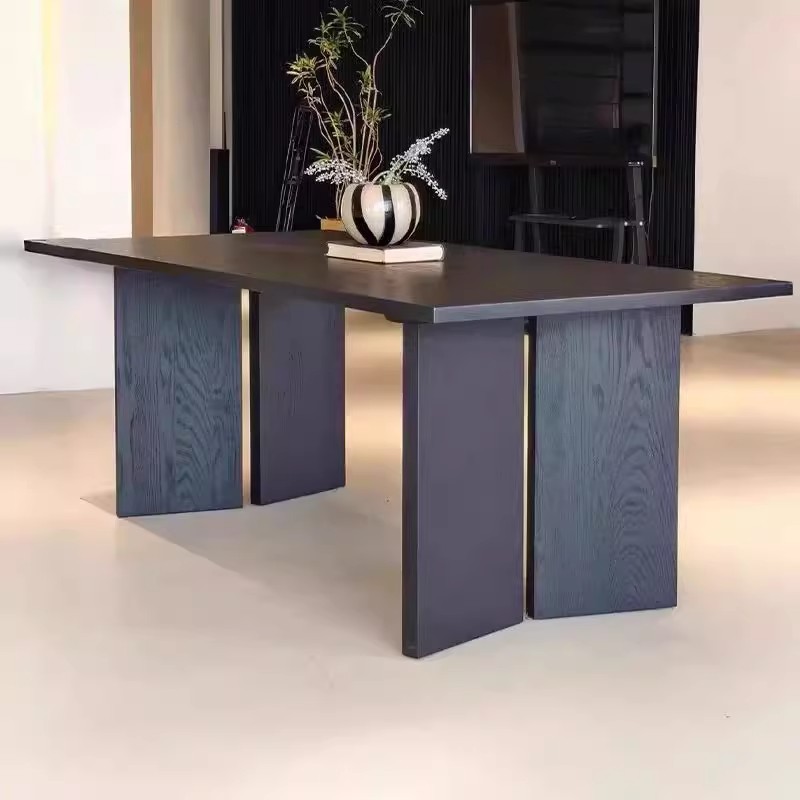 北欧侘寂风长桌黑色实木餐桌工作台简约客厅家用书桌长方形饭桌子