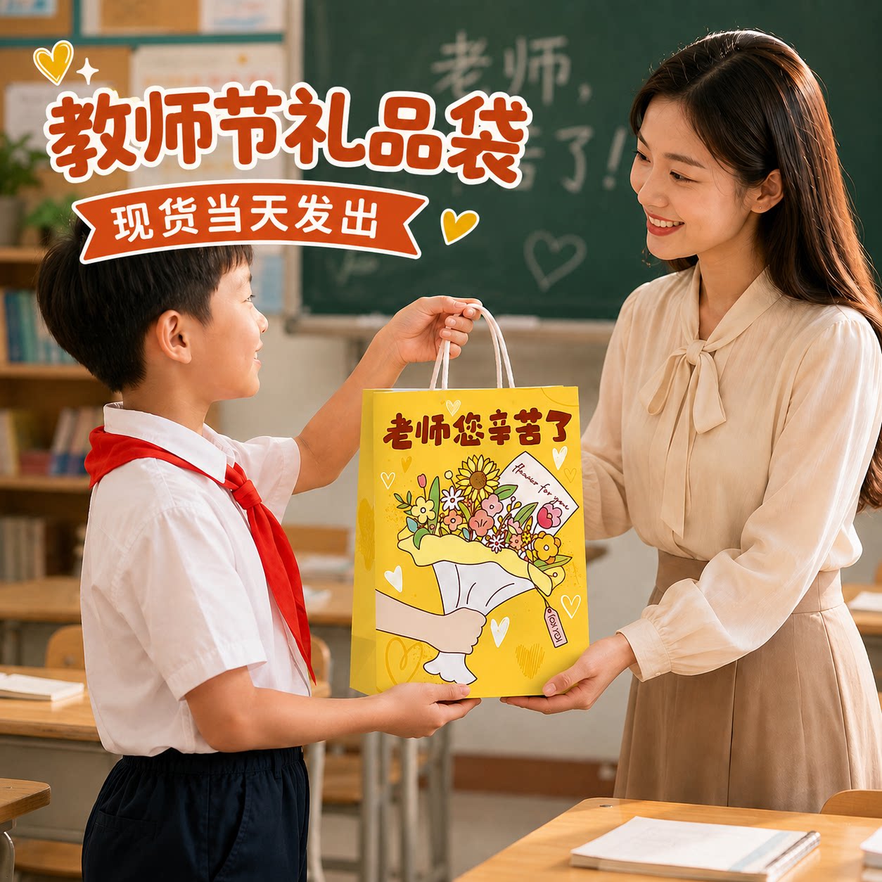 教师节礼品袋伴手礼物鲜花包装袋2026新款感谢老师牛皮纸袋手提袋