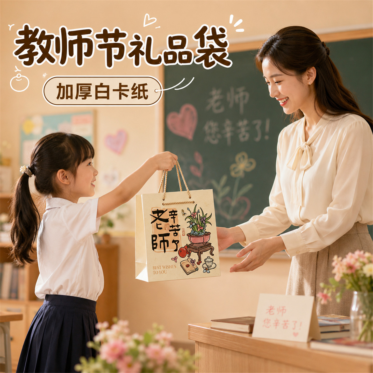 教师节礼品袋2026新款加厚白卡纸感谢老师手提袋鲜花礼物包装纸袋