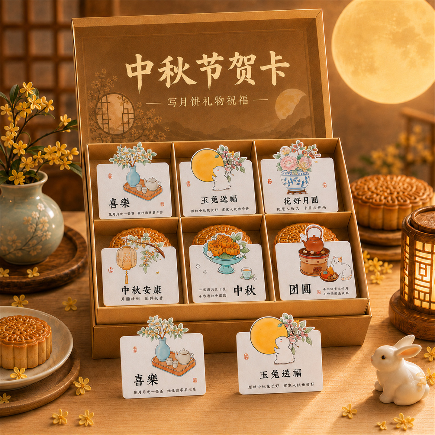 中秋节快乐贺卡中国风祝福卡片花好月圆月饼礼盒手写祝福留言卡片