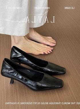 香港黑色通勤高跟鞋女春夏2025年新款气质真皮细跟不累脚方头单鞋