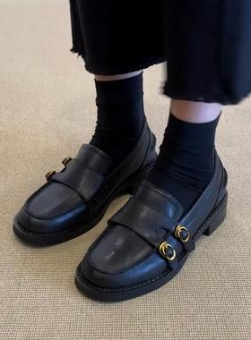 羊皮版金属扣黑色英伦风小皮鞋女士低跟圆头百搭单鞋一脚蹬乐福鞋