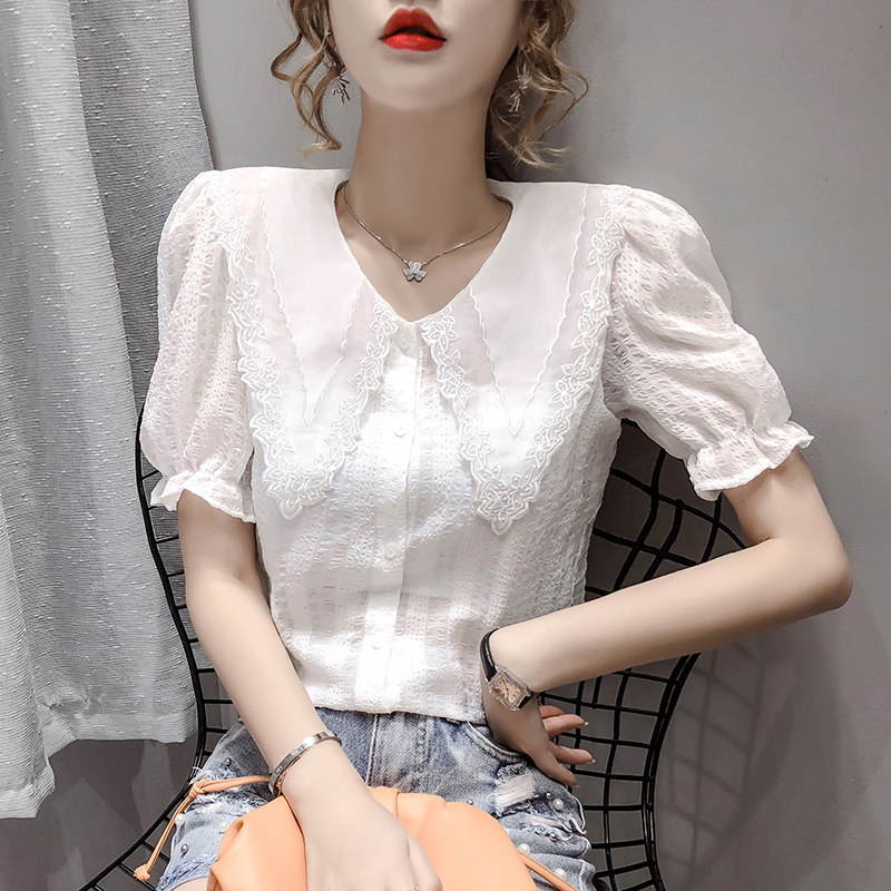 夏季新款洋气韩版超仙气质雪纺衬衫女短袖百搭显瘦娃娃领仙女上衣