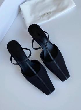 羊皮版~黑色法式高级感包头鞋女夏方头细跟穆勒鞋高跟半包凉拖鞋