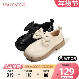 思加图童鞋秋季女童英伦风小皮鞋时尚蝴蝶结公主鞋软底学生演出鞋