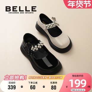百丽童鞋女童时尚公主鞋春夏透气软底单鞋儿童黑色英伦风皮鞋大童