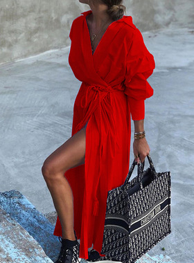 Collar Split Maxi Dress Long Sleeve Pure Long Dresses 女士裙