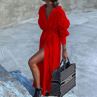 Collar Split Maxi Dress Long Sleeve Pure Long Dresses 女士裙