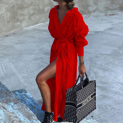 Collar Split Maxi Dress Long Sleeve Pure Long Dresses 女士裙