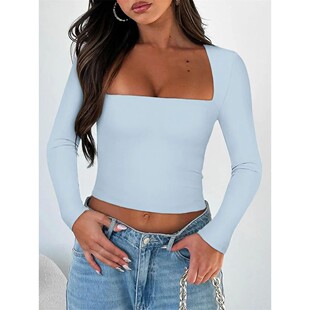 neck square shirt women 女士纯色方露脐领T恤Solid for color