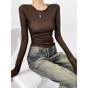 slim women Solid for top fit neck round color 女 纯色圆领修身