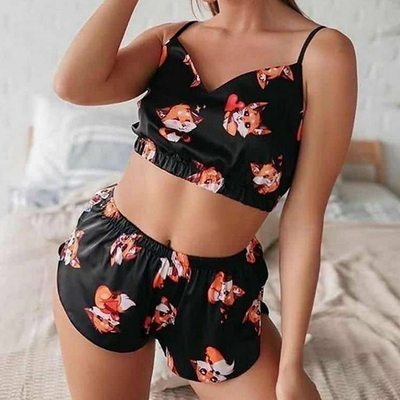 Sleeveless V Neck Crop Top Corset Satin Pajamas Women Shorts