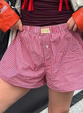 Loose wide leg retro checkered shorts 舒适高腰宽松阔腿短裤女