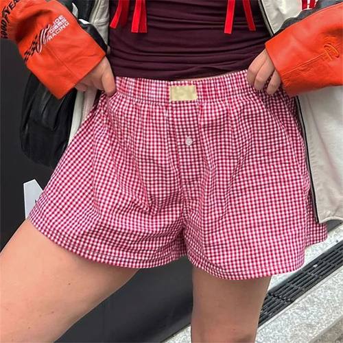 Loose wide leg retro checkered shorts 舒适高腰宽松阔腿短裤女