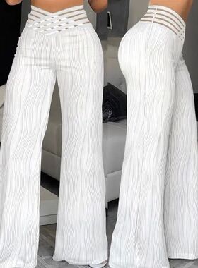 100 pleated hollow wide leg pants forwomen水波纹阔腿裤女长裤