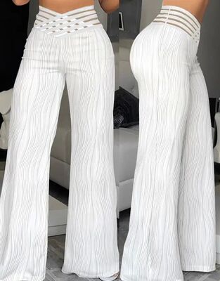 100 pleated hollow wide leg pants forwomen水波纹阔腿裤女长裤