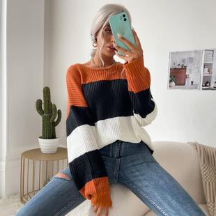 round contrast color pulloverwomen套头毛衣 neck women 2021